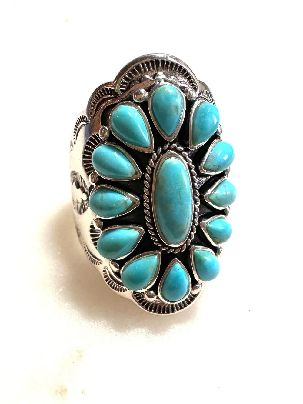 Turquoise Thai Hand-Embossed and Stamped Sterling Silver Cluster Statement Ring